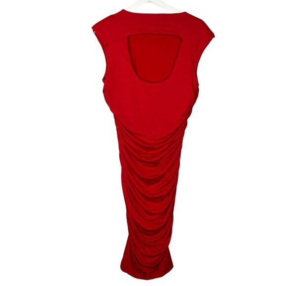 Sofia Vergara Red Ruched Midi Dress Large Sleeveless Stretch Bodycon Party - Picture 2 of 10